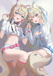 Rule 34 | 2girls, :3, :d, absurdres, animal ear fluff, animal ears, belt, belt collar, black collar, blonde hair, blue belt, blue hair, blue nails, blush, breasts, cleavage, cleavage cutout, clothing cutout, collar, cropped shirt, dog ears, dog girl, dog tail, dress, fang, fishnet socks, fishnet thighhighs, fishnets, flat chest, frilled shorts, frills, fuwawa abyssgard, fuwawa abyssgard (1st costume), guree (haiiro), hair ornament, hairpin, headphones, headphones around neck, highres, holding hands, hololive, hololive english, large breasts, long hair, medium hair, midriff, mococo abyssgard, mococo abyssgard (1st costume), multicolored hair, multiple girls, nail polish, navel, open mouth, pink belt, pink hair, pink nails, shirt, short shorts, shorts, siblings, sisters, skin fang, smile, socks, spiked collar, spikes, streaked hair, tail, thighhighs, twins, virtual youtuber, white dress, white shirt, white shorts, x hair ornament