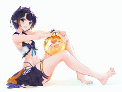 Rule 34 | 1girl, :d, ball, barefoot, beachball, bikini, bikini skirt, blue eyes, blush, bow, breasts, character print, extra ears, feet, food, full body, gradient hair, hair ornament, highres, hololive, hololive english, hololive summer 2023 swimsuit, knees up, legs, long legs, looking at viewer, mole, mole under eye, multicolored hair, nail polish, ninomae ina&#039;nis, official alternate hairstyle, open mouth, orange hair, parted bangs, pointy ears, purple hair, purple nails, short hair, sidelocks, simple background, sitting, small breasts, smile, solo, spread toes, swimsuit, takodachi (ninomae ina&#039;nis), takoyaki, tallgeese (lgeesel), tentacle hair, toenail polish, toenails, toes, virtual youtuber, white background