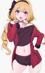 Rule 34 | 1girl, black hairband, black shirt, black shorts, blonde hair, blush, commentary request, crop top, drill hair, futaba anzu, grey background, hair between eyes, hairband, hand on own hip, highres, idolmaster, idolmaster cinderella girls, jacket, long hair, long sleeves, looking at viewer, low twintails, midriff, navel, off shoulder, open clothes, open jacket, purple eyes, ratsuku kinoko, red jacket, shirt, short shorts, shorts, simple background, sleeves past wrists, solo, standing, twin drills, twintails, very long hair