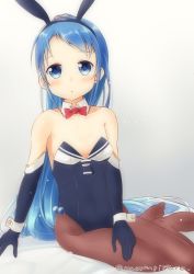 Rule 34 | 1girl, :o, animal ears, artist name, bare shoulders, blue eyes, blue gloves, blue hair, blush, bow, bowtie, breasts, collar, commentary request, detached collar, elbow gloves, fake animal ears, gloves, highres, kantai collection, leotard, long hair, looking at viewer, mae (maesanpicture), pantyhose, playboy bunny, rabbit ears, red bow, red bowtie, samidare (kancolle), sitting, small breasts, solo, swept bangs, very long hair, wariza, white background, white collar, wrist cuffs