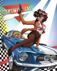 Rule 34 | 2girls, absurdres, blonde hair, brown hair, car, cz 75, dark-skinned female, dark skin, explosive, female focus, ford mustang, ford mustang (1st generation), fritz willie, grenade, gun, gunsmith cats, handgun, highres, holding, holding gun, holding weapon, minnie may hopkins, motor vehicle, multiple girls, muscle car, rally vincent, shelby gt500, tan, tomboy, weapon