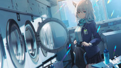 Rule 34 | 1girl, absurdres, animal ear fluff, animal ears, assault rifle, black jacket, black one-piece swimsuit, black skirt, blue archive, blue scarf, extra ears, grey hair, gun, hair ornament, hairclip, halo, highres, holding, holding clothes, holding swimsuit, jacket, laundromat, long sleeves, looking at viewer, medium hair, necktie, one-piece swimsuit, open clothes, open jacket, pleated skirt, rifle, sagiri (ulpha220), scarf, shiroko (blue archive), shirt, sig sauer 556, skirt, solo, swimsuit, two-tone swimsuit, unworn swimsuit, weapon, wolf ears