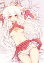 Rule 34 | 1girl, areola slip, armpits, arms up, bare shoulders, bed sheet, blush, breasts, cao cao (sengoku hime), dougan calpis con, dress, hair ribbon, long hair, lying, md5 mismatch, navel, open mouth, original, panties, pantyshot, petticoat, pleated skirt, red dress, red eyes, red skirt, resolution mismatch, ribbon, sangoku hime, sangoku hime 2, sengoku hime 2, side-tie panties, skirt, solo, source smaller, sousou moutoku (sangoku hime), underboob, underwear, untied, upskirt, white hair, white panties