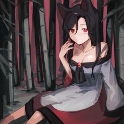 Rule 34 | 1girl, \||/, animal ears, bamboo, bamboo forest, bare shoulders, black dress, black hair, brooch, commentary, dress, forest, hair between eyes, highres, imaizumi kagerou, jewelry, long hair, long sleeves, looking at viewer, multicolored clothes, multicolored dress, nail polish, nature, nemachi, off-shoulder dress, off shoulder, red dress, red eyes, red nails, sitting, slit pupils, solo, touhou, white dress, wide sleeves, wolf ears