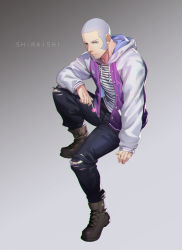 Rule 34 | 1boy, alternate costume, black pants, blouse, blue eyes, brown footwear, buzz cut, casual, contemporary, expressionless, facial hair, foxvulpine, full body, goatee, golden kamuy, grey hair, highres, hood, hoodie, long sideburns, long sleeves, male focus, open clothes, open hoodie, pants, shiraishi yoshitake, shirt, short hair, sideburns, sitting, solo, striped clothes, striped shirt, torn clothes, torn pants, very short hair