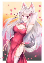 Rule 34 | 1girl, animal ears, arm up, armpits, azur lane, bare shoulders, breasts, china dress, chinese clothes, cleavage, cocoasabure, cowboy shot, dog ears, dog girl, dog tail, dress, elbow gloves, gloves, gold trim, hand on own hip, highres, large breasts, long hair, looking at viewer, panties, pelvic curtain, pink eyes, red dress, silver hair, sleeveless, sleeveless dress, smile, solo, tail, thick eyebrows, thighhighs, thighs, underwear, white gloves, white panties, white thighhighs, yuudachi (azur lane)