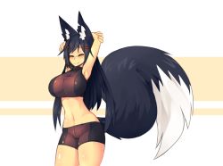Rule 34 | 1girl, animal ears, armpits, arms behind head, arms up, bike shorts, black hair, breasts, cowboy shot, closed eyes, fox ears, fox tail, hair ornament, hairclip, halterneck, halterneck, huge breasts, kiri (sub-res), long hair, navel, original, simple background, smile, solo, stomach, stretching, sub-res, tail