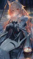 Rule 34 | 1girl, absurdres, animal ears, arknights, black shirt, black sky, blonde hair, braid, breasts, breath, cape, cup, ergouzi echo, fog, glowing, gradient hair, grey sky, hair intakes, hair over shoulder, highres, light blush, long hair, long sleeves, looking at viewer, medium breasts, multicolored hair, night, on chair, outdoors, pants, pozyomka (arknights), pozyomka (snowy plains in words) (arknights), red eyes, red hair, shirt, sidelocks, sitting, sky, snow, solo, steam, thighlet, tree, water, white cape, white pants