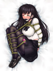 Rule 34 | 1girl, arms behind back, ball gag, bdsm, bed sheet, black bow, black bowtie, black footwear, black hair, black pantyhose, black sailor collar, black skirt, blush, bondage, bound, bound arms, bound legs, bow, bowtie, breasts, closed eyes, controller, embarrassed, female focus, from above, gag, gagged, highres, legs together, long hair, long sleeves, lying, medium breasts, miniskirt, nose blush, on side, open mouth, original, pantyhose, pleated skirt, remote control, remote control vibrator, rope, sailor collar, sakurayashiki nisei, school uniform, serafuku, sex toy, shirt, shoes, skindentation, skirt, solo, tears, textless version, vibrator, vibrator cord, vibrator under clothes, white background, white shirt