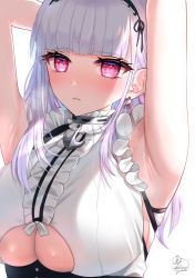 Rule 34 | 1girl, :s, absurdres, anchor, armpits, arms behind head, arms up, azur lane, black hairband, blunt bangs, blush, breasts, center frills, closed mouth, clothing cutout, commentary request, dido (azur lane), earrings, frilled shirt, frills, hairband, highres, jewelry, kohanayuki, large breasts, long hair, pink eyes, shirt, signature, silver hair, simple background, skindentation, sleeveless, sleeveless shirt, solo, underboob, underboob cutout, upper body, white background, white shirt
