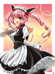 Rule 34 | 1girl, akiha rumiho, animal ears, apron, blush, breasts, cat ears, curly hair, drill hair, fang, faris nyannyan, high heels, highres, large breasts, laughing, leg up, maid, maid apron, maid headdress, one eye closed, pantyhose, paw pose, pink hair, red eyes, ribbon, ruo19, ruo (cruzada), solo, standing, standing on one leg, steins;gate, twintails, waitress, wink