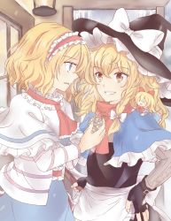 Rule 34 | 2girls, acoco, alice margatroid, apron, arm warmers, black hat, blonde hair, blue eyes, blue skirt, bow, capelet, commentary request, doll, frilled hat, frills, gloves, hairband, hands on own hips, hat, hat bow, highres, holding, jacket, kirisame marisa, lamp, multiple girls, open mouth, partially fingerless gloves, red neckwear, red sash, red scarf, ribbon, sash, scarf, shanghai doll, short hair, skirt, striped clothes, striped jacket, touhou, waist apron, white bow, white ribbon, winter, witch hat