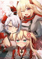 Rule 34 | 3girls, :q, admiral hipper (azur lane), anger vein, artist name, azur lane, black gloves, blonde hair, bluecher (azur lane), breast envy, breast rest, breasts, breasts on head, cross, face to breasts, fang, gloves, green eyes, grey gloves, grey hair, hands on own chest, headgear, iron cross, large breasts, looking at viewer, miniskirt, mole, mole on breast, multicolored clothes, multicolored hair, multicolored scarf, multiple girls, open mouth, partially fingerless gloves, plaid, plaid skirt, pleated skirt, prinz eugen (azur lane), red eyes, red gloves, red hair, red scarf, red skirt, scarf, shindoi akio, sideboob, sideboob cutout, skin fang, skirt, star (symbol), streaked hair, tongue, tongue out, two-tone gloves, two-tone hair