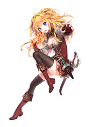 Rule 34 | 1girl, :d, black thighhighs, blonde hair, blue eyes, boots, breasts, cleavage, copyright request, dagger, fingerless gloves, fire, full body, gloves, knee boots, knife, kouen no asuka, leg up, long hair, looking at viewer, nardack, open mouth, outstretched arm, scabbard, sheath, sheathed, smile, solo, sword, thighhighs, two side up, weapon, white background