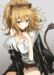 Rule 34 | 1girl, absurdres, animal ears, arknights, black collar, black jacket, breasts, brown eyes, brown hair, brown shorts, candy, cleavage, collar, cutoffs, food, food in mouth, fur-trimmed jacket, fur trim, grey background, highres, jacket, jacket on shoulders, large breasts, lion ears, lion girl, lion tail, lollipop, long hair, mouth hold, off shoulder, open clothes, open jacket, ponytail, shiduki eku, shirt, short shorts, shorts, siege (arknights), simple background, solo, tail, tank top, white tank top