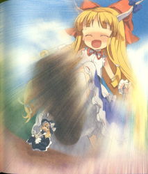 Rule 34 | 2girls, blonde hair, bow, broom, broom riding, brown hair, closed eyes, female focus, flying sweatdrops, giant, giantess, gradient background, hair bow, hat, horns, ibuki suika, imminent stomping, kirisame marisa, long hair, moriki takeshi, motion blur, multiple girls, open mouth, orange hair, outdoors, scan, sky, touhou, witch, witch hat