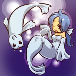Rule 34 | 1990s (style), 1girl, :3, ahoge, bare shoulders, blue hair, blush, blush stickers, bow, breasts, cleavage, creatures (company), detached sleeves, dewgong, dress, fangs, game freak, gen 1 pokemon, hitec, horns, long hair, medium breasts, moemon, nintendo, one eye closed, open mouth, personification, pokemon, pokemon (creature), pokemon rgby, ponytail, retro artstyle, seal (animal), simple background, single horn, sleeves past wrists, tail, wink