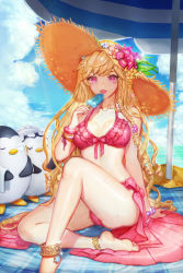 Rule 34 | 1girl, :p, absurdres, anklet, arm at side, arm support, bangle, barefoot, beach umbrella, beads, bikini, bird, blanket, blonde hair, bow, bracelet, braid, breasts, cinia pacifica, cloud, collarbone, day, feet, flower, food, frilled bikini, frills, front-tie top, hat, hat flower, highres, jewelry, knee up, legs, long hair, long legs, looking at viewer, maid headdress, medium breasts, monocle, napkin, navel, outdoors, penguin, pink bikini, pink eyes, pink skirt, plaid, pleated skirt, popsicle, ringlets, sand, shiny skin, side braid, single braid, sitting, skirt, sky, smile, soles, solo, sparkle, straw hat, sun, sunlight, sweat, swimsuit, sword girls, toes, tongue, tongue out, umbrella, very long hair, wet, wonst92