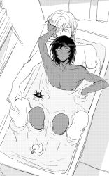 Rule 34 | 2boys, absurdres, arknights, bathing, bathtub, closed mouth, collarbone, commentary request, dark-skinned male, dark skin, elysium (arknights), expressionless, from above, greyscale, hand on another&#039;s head, highres, male focus, marumarukin, monochrome, multiple boys, nude, rubber duck, same-sex bathing, shared bathing, short hair, thorns (arknights), yaoi