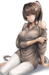 Rule 34 | 1girl, alternate costume, blush, breasts, brown eyes, brown hair, brown sweater, capri pants, casual, cherry blossoms, collarbone, flower, hair flower, hair ornament, highres, kantai collection, kokuzou, large breasts, long hair, looking at viewer, off shoulder, pants, ponytail, sitting, smile, solo, sweater, very long hair, white pants, yamato (kancolle), yokozuwari