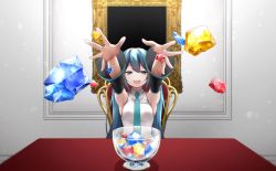 Rule 34 | 1girl, aqua eyes, aqua hair, aqua necktie, arms up, bare shoulders, black sleeves, bowl, breasts, chair, commentary, crystal, detached sleeves, drawing kanon, foreshortening, glass bowl, half-closed eyes, hatsune miku, indoors, long hair, looking at viewer, necktie, open mouth, outstretched arms, picture frame, shirt, sitting, sleeveless, sleeveless shirt, small breasts, smile, solo, table, throwing, twintails, upper body, very long hair, vocaloid, white shirt