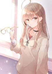 Rule 34 | 1girl, absurdres, ahoge, berry, black choker, brown eyes, brown hair, brown hoodie, choker, commentary, crossed bangs, earrings, unworn eyewear, food-themed earrings, glasses, highres, holding, holding removed eyewear, hololive, hololive english, hood, hoodie, jewelry, light particles, light rays, looking at viewer, multicolored hair, nail polish, nanashi mumei, nanashi mumei (casual), necklace, official alternate costume, oversized clothes, red shirt, rieatco, round eyewear, runes, shirt, smile, solo, streaked hair, sweater, symbol-only commentary, virtual youtuber, white sweater