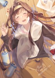 Rule 34 | 1girl, ahoge, alternate costume, black shirt, blush, breasts, brown hair, can, closed eyes, dated, hairband, heart, highres, kantai collection, kongou (kancolle), long hair, long sleeves, lying, medium breasts, on back, on floor, open mouth, saiki yuzuri, saliva, scarf, shirt, sidelocks, signature, skirt, solo, translation request, white scarf, yellow skirt