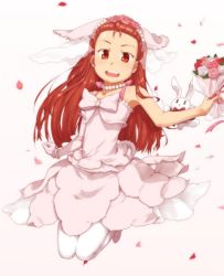Rule 34 | 00s, 1girl, blush, bride, brown eyes, brown hair, dress, female focus, flower, gradient background, highres, idolmaster, idolmaster (classic), jewelry, long hair, minase iori, necklace, pantyhose, pearl necklace, solo, ttomm, wedding dress, white pantyhose