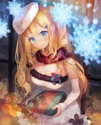 Rule 34 | 1girl, aizawa hikaru, blonde hair, blue eyes, blurry, blurry foreground, blush, bokeh, breasts, christmas, cleavage, commentary request, cowboy shot, depth of field, dress, frilled dress, frills, fur-trimmed dress, fur hat, fur trim, gift, hair ornament, hairclip, hat, holding, holding gift, long hair, medium breasts, outdoors, plaid, plaid scarf, red scarf, scarf, shinia, silverlight, smile, snowflakes, solo, ushanka, white dress, white hat, window