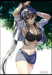 Rule 34 | 1girl, armpits, arms up, bikini, black bikini, black hair, blue pants, breasts, brown eyes, cleavage, closed mouth, commentary request, hair between eyes, highres, kantai collection, large breasts, long hair, navel, open clothes, open shirt, pants, ponytail, seitei (04seitei), shirt, sidelocks, solo, stomach, sunlight, swimsuit, tree, twitter username, white shirt, yahagi (kancolle)