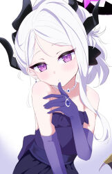 Rule 34 | 1girl, absurdres, black horns, blue archive, blush, commentary request, demon horns, dress, elbow gloves, gloves, gradient background, grey hair, halo, highres, hina (blue archive), hina (dress) (blue archive), horns, long hair, looking at viewer, multiple horns, official alternate costume, open mouth, partial commentary, purple dress, purple eyes, purple gloves, shiroron mochi, simple background, solo, strapless, strapless dress, white background