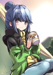 Rule 34 | 1girl, absurdres, aged down, blue hair, commentary, dutch angle, eyes visible through hair, hair bun, highres, holding, instant ramen, jacket, looking at viewer, medium hair, n2midori, nissin cup noodle, outdoors, pink eyes, shima rin, single hair bun, sitting, smile, solo, tent, wariza, winter clothes, yurucamp