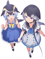 Rule 34 | 10s, 2girls, :d, arms at sides, bad id, bad twitter id, black footwear, black hair, blonde hair, blue dress, blue eyes, blue hair, blue ribbon, cetacean tail, clenched hands, collar, collarbone, collared dress, common dolphin (kemono friends), dot nose, dress, fins, fish tail, frilled dress, frills, from above, full body, grey hair, hair between eyes, hair ornament, heiwa (murasiho), kemono friends, kneehighs, long hair, looking at another, looking to the side, low ponytail, multicolored hair, multiple girls, narwhal (kemono friends), neck ribbon, open mouth, puffy short sleeves, puffy sleeves, ribbon, sailor collar, sailor dress, shoes, short hair, short sleeves, side ponytail, simple background, sleeve cuffs, sleeveless, sleeveless dress, smile, socks, spotted hair, tail, tareme, teeth, tsurime, upper teeth only, very long hair, walking, white background, white dress, yellow ribbon