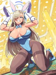 Rule 34 | 1girl, animal ears, arms up, asuna (blue archive), asuna (bunny) (blue archive), asymmetrical bangs, blue archive, blue bow, blue eyes, blue footwear, blue leotard, blue ribbon, bow, bowtie, breasts, brown pantyhose, casino, coin, detached collar, eyes visible through hair, fake animal ears, full body, gloves, gold, gold coin, hair over one eye, hair ribbon, halo, head tilt, high heels, highleg, highleg leotard, highres, huge breasts, leotard, long hair, looking at viewer, maki yoshitake, mole, mole on breast, on knee, pantyhose, playboy bunny, rabbit ears, rabbit pose, ribbon, shoes, solo, strapless, strapless leotard, thighband pantyhose, thighs, traditional bowtie, very long hair, white gloves