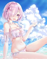 Rule 34 | 1girl, arm support, bikini, blue sky, bra, breasts, cleavage, cloud, collarbone, day, fate/grand order, fate (series), from side, grey ribbon, groin, hair over one eye, hair ribbon, hayashi takeo, highres, light purple hair, looking at viewer, mash kyrielight, medium breasts, navel, ocean, off-shoulder bikini, off shoulder, open mouth, outdoors, pink ribbon, polka dot, polka dot bikini, polka dot bra, purple eyes, ribbon, see-through, shiny skin, short hair, side-tie bikini bottom, sitting, sky, solo, stomach, swimsuit, thighs, underwear, white bikini