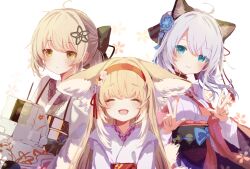 Rule 34 | 3girls, ahoge, animal ear fluff, animal ears, arknights, blonde hair, blue eyes, blush, cat ears, cat girl, closed eyes, closed mouth, flower, fox ears, fox girl, hair flower, hair ornament, hairband, highres, japanese clothes, kimono, lens (arknights), long hair, medium hair, mint (arknights), mint (tsukiyoi) (arknights), multiple girls, obi, official alternate costume, open mouth, parted lips, ponytail, red hairband, sash, scene (arknights), scene (betsushi) (arknights), sidelocks, suzuiro (chocolatte), suzuran (arknights), suzuran (yukibare) (arknights), upper body, v, white background, white hair, yellow eyes