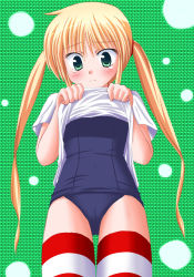 Rule 34 | 00s, blonde hair, blush, clothes lift, green eyes, hayate no gotoku!, highres, long hair, no pants, one-piece swimsuit, sanzen&#039;in nagi, school swimsuit, shirt lift, solo, striped clothes, striped thighhighs, swimsuit, swimsuit under clothes, tears, thigh gap, thighhighs, thighs, twintails