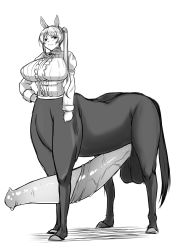 Rule 34 | 1futa, absurdres, animal ears, animal penis, blush, breasts, centaur, closed mouth, embarrassed, erection, full-package futanari, full body, futanari, gigantic penis, hair ornament, hairpin, hand on own hip, highres, horse, horse ears, horse penis, huge breasts, huge testicles, long hair, looking at viewer, monochrome, penis, sakushaaya (3948aya), shirt, simple background, solo, tail, taur, testicles, third-party edit, twintails, uncensored, white background