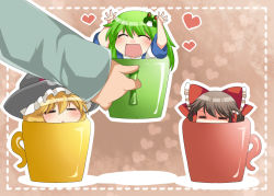 Rule 34 | 3girls, = =, ^ ^, blonde hair, blush, bow, brown eyes, closed eyes, cup, detached sleeves, frog hair ornament, green hair, hair bow, hair ornament, hair tubes, hakurei reimu, hammer (sunset beach), hands up, hat, heart, in container, in cup, kirisame marisa, kochiya sanae, long hair, mini person, minigirl, multiple girls, open mouth, smile, touhou, wide sleeves, witch hat
