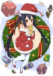 Rule 34 | 1girl, bare shoulders, black hair, blush, bow, brown eyes, candy, candy cane, christmas, errant, food, gift, gloves, hat, holding, k-on!, letter, long hair, looking at viewer, love letter, nakano azusa, own hands together, pantyhose, santa costume, santa hat, smile, solo, twintails, white pantyhose, wreath, yellow gloves
