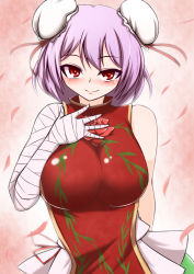 Rule 34 | 1girl, bandages, bare shoulders, blush, breasts, bun cover, double bun, female focus, hand on own chest, highres, ibaraki kasen, impossible clothes, impossible shirt, large breasts, looking at viewer, pandain, pink hair, red eyes, seductive smile, shirt, smile, solo, touhou, upper body