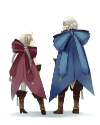 Rule 34 | 1boy, 1girl, ahoge, back turned, boots, bow, braid, father and daughter, fire emblem, fire emblem fates, grey hair, high heel boots, high heels, leather, leather boots, long hair, low twin braids, niles (fire emblem), nina (fire emblem), nintendo, official alternate costume, parted bangs, ribbon, tefutene, twin braids