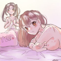 Rule 34 | 2girls, artist request, bed, bed sheet, blush, breasts, brown hair, hair down, hickey, kaga (kancolle), kantai collection, long hair, looking at viewer, lying, multiple girls, naked sheet, nude, on bed, on stomach, pillow, sheet grab, sideboob, smile, twintails, yellow eyes, yes-no pillow, yuri, zuikaku (kancolle)