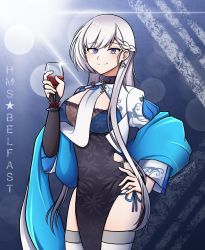 Rule 34 | 1girl, alcohol, azur lane, belfast (azur lane), belfast (iridescent rosa) (azur lane), braid, breasts, chain, character name, china dress, chinese clothes, collar, commentary, cup, dress, drinking glass, english commentary, grey eyes, hair between eyes, hand on own hip, highres, holding, holding cup, large breasts, long hair, long sleeves, looking at viewer, side slit, sidelocks, simple background, single braid, smile, solo, sorreinhart, twitter username, watermark, white hair, wine, wine glass