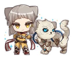 Rule 34 | 1girl, animal, animal ears, black sclera, blue eyes, bodysuit, brown eyes, brown hair, chibi, closed mouth, colored sclera, commentary request, dromarch (xenoblade), gloves, hand on own hip, nia (xenoblade), simple background, smile, sparkle, standing, tiger, white background, white gloves, xenoblade chronicles (series), xenoblade chronicles 2, yellow bodysuit, zer00han