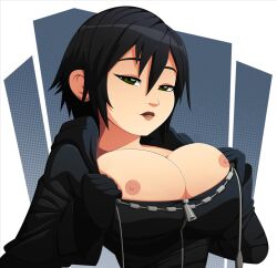 Rule 34 | 1girl, black hair, blue eyes, breasts, bursting breasts, cleavage, coat, female focus, gloves, goth fashion, highres, kingdom hearts, kingdom hearts iii, large breasts, lips, looking at viewer, nipples, parted lips, ravenravenraven, short hair, solo, third-party edit, upper body, xion (kingdom hearts)