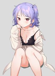 1girl black_bra bra breast_rest breasts collarbone grey_background head_rest lace lace-trimmed_bra lace_trim legs long_sleeves looking_at_viewer medium_breasts off_shoulder open_clothes open_shirt original purple_hair red_eyes sekiya_asami short_hair short_ponytail shorts simple_background sitting solo underwear