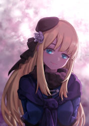 Rule 34 | 1girl, black hat, blonde hair, blue eyes, blue jacket, commentary request, fate/grand order, fate (series), flower, hair flower, hair ornament, hat, jacket, ling huanxiang, long hair, looking at viewer, lord el-melloi ii case files, reines el-melloi archisorte, smile, solo, white flower