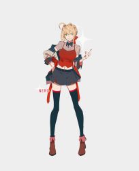 Rule 34 | 1girl, ahoge, alternate costume, bad id, bad twitter id, black thighhighs, blonde hair, bow, brown footwear, casual, clothes pull, fate/extra, fate/grand order, fate (series), green eyes, hair between eyes, hair ornament, hair ribbon, hand on own hip, highres, jacket, jacket pull, nail polish, nero claudius (fate), nero claudius (fate) (all), nero claudius (fate/extra), open mouth, ribbon, shoes, skirt, smile, solo, sparkle, suto (sakumaaritsu), tagme, thighhighs, zettai ryouiki