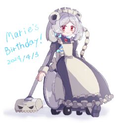 Rule 34 | 1girl, 2024, apron, birthday, bloody marie (skullgirls), blush, brooch, dress, frilled apron, frilled dress, frills, grey hair, hair ornament, highres, jewelry, juliet sleeves, long sleeves, looking at viewer, maid headdress, mary janes, puffy sleeves, red eyes, sasugane watashi, shoes, sitting, skull hair ornament, skullgirls, smile, solo, twintails, vacuum cleaner, wheel, white background